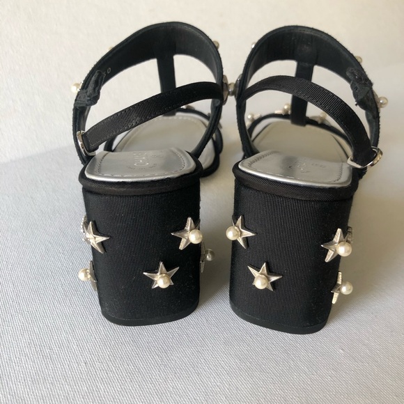 Chanel Black Star-Studded Pearl embellished grosgrain T-Strap Heels sandals MK - Picture 3 of 11
